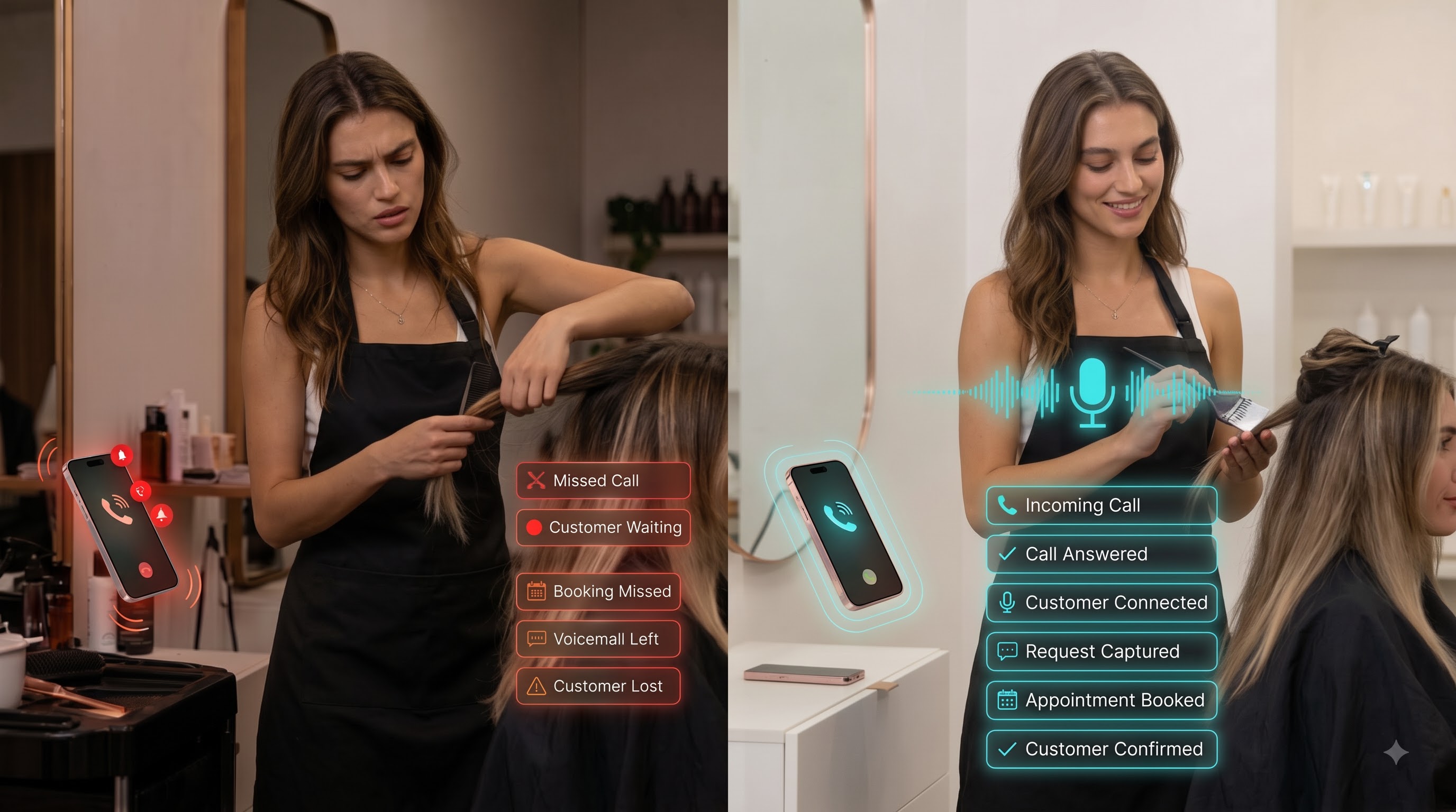 A stylist missing calls, then the same stylist while the AI receptionist answers and confirms a booking