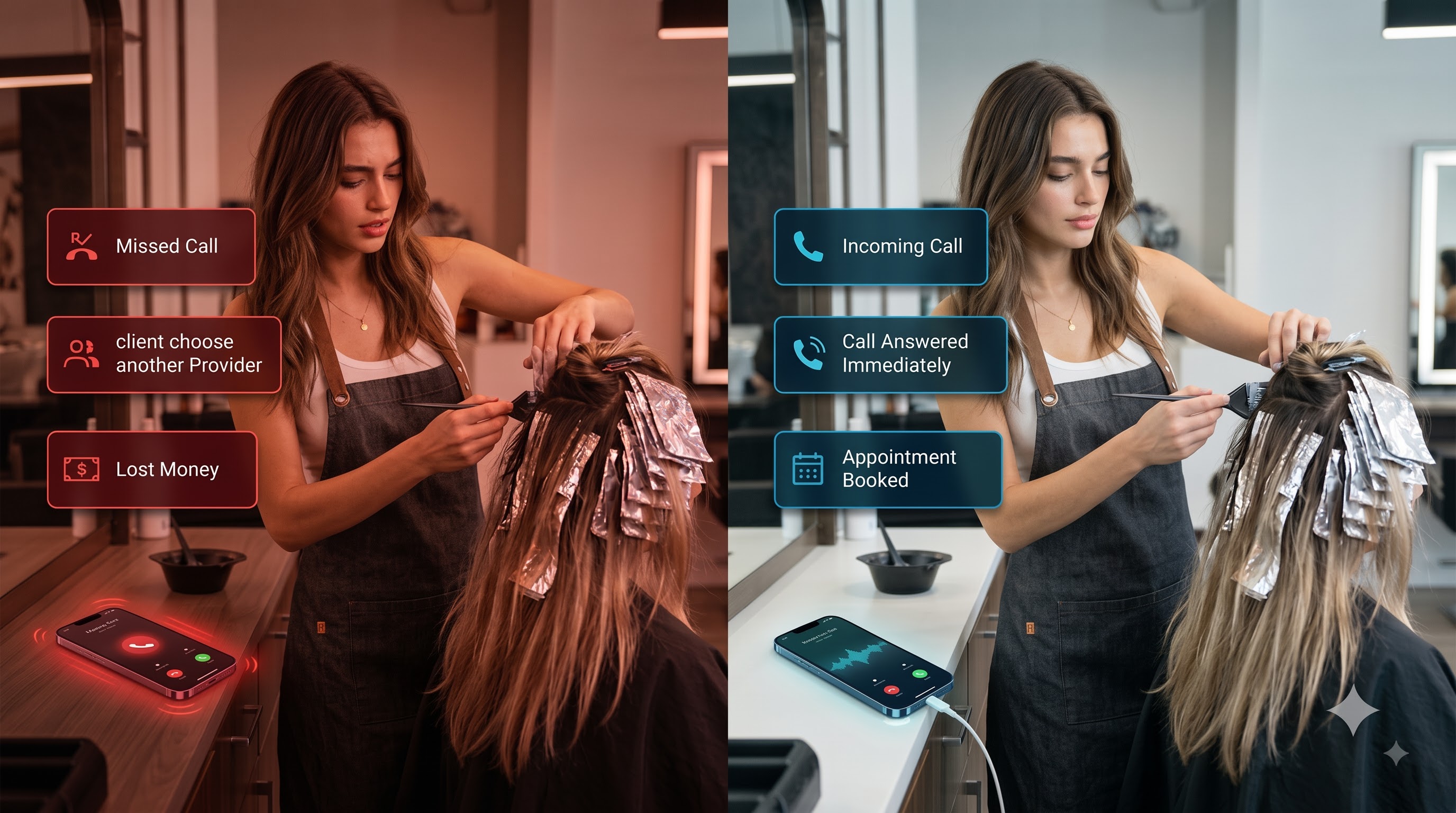 A stylist missing calls, then the same stylist while the AI receptionist answers and confirms a booking