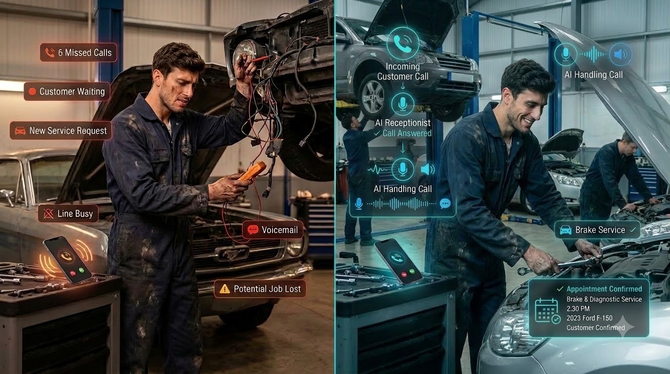 A mechanic missing calls mid-repair, then the same mechanic while the AI receptionist answers and confirms a brake service booking