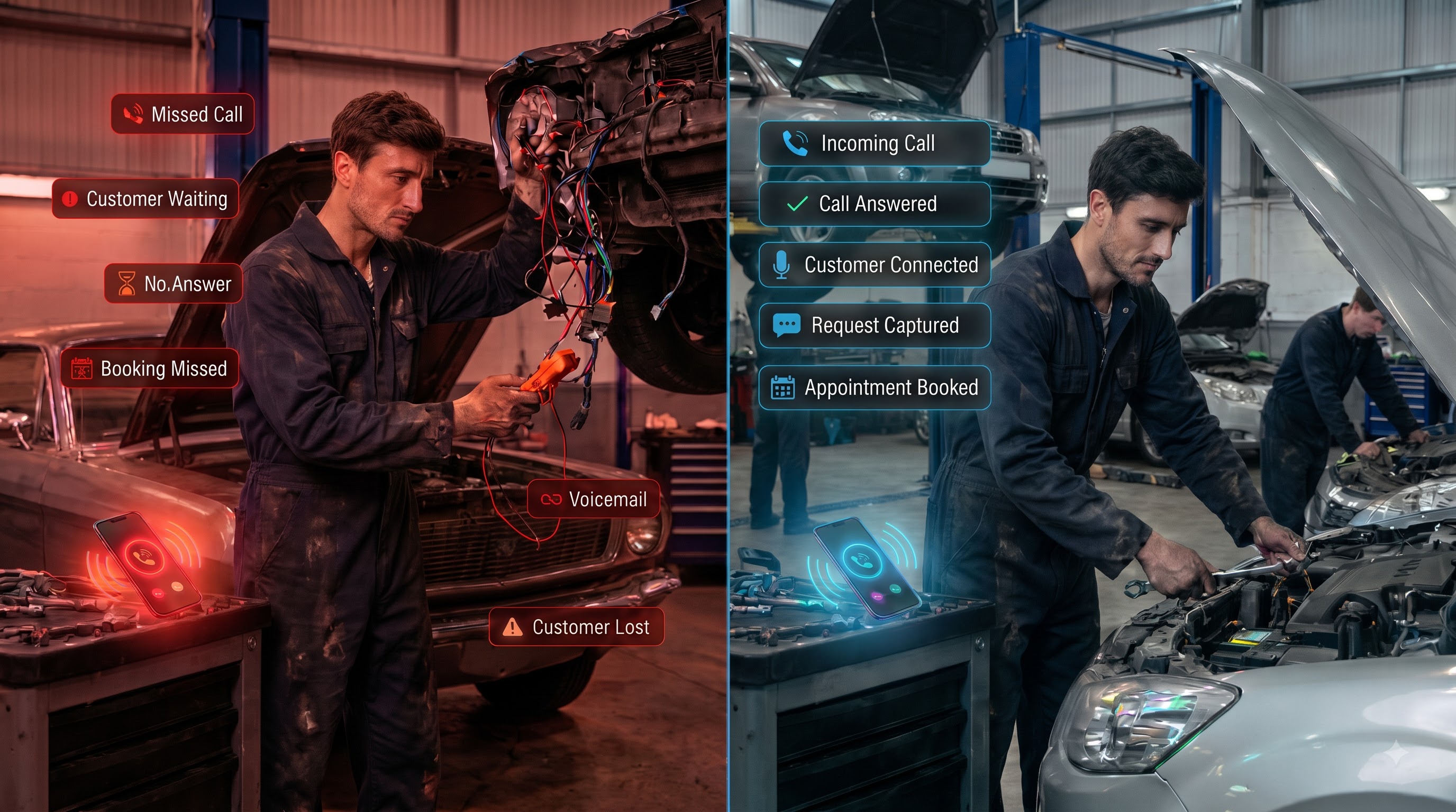 A mechanic missing calls mid-repair, then the same mechanic while the AI receptionist answers and confirms a brake service booking