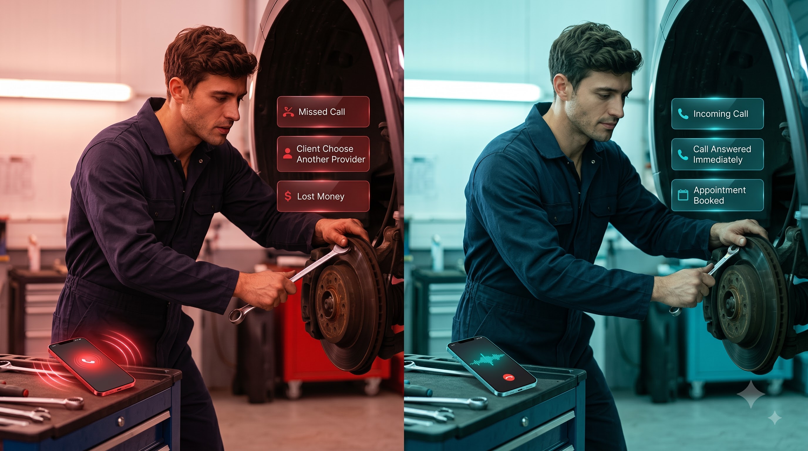 A mechanic missing calls mid-repair, then the same mechanic while the AI receptionist answers and confirms a brake service booking