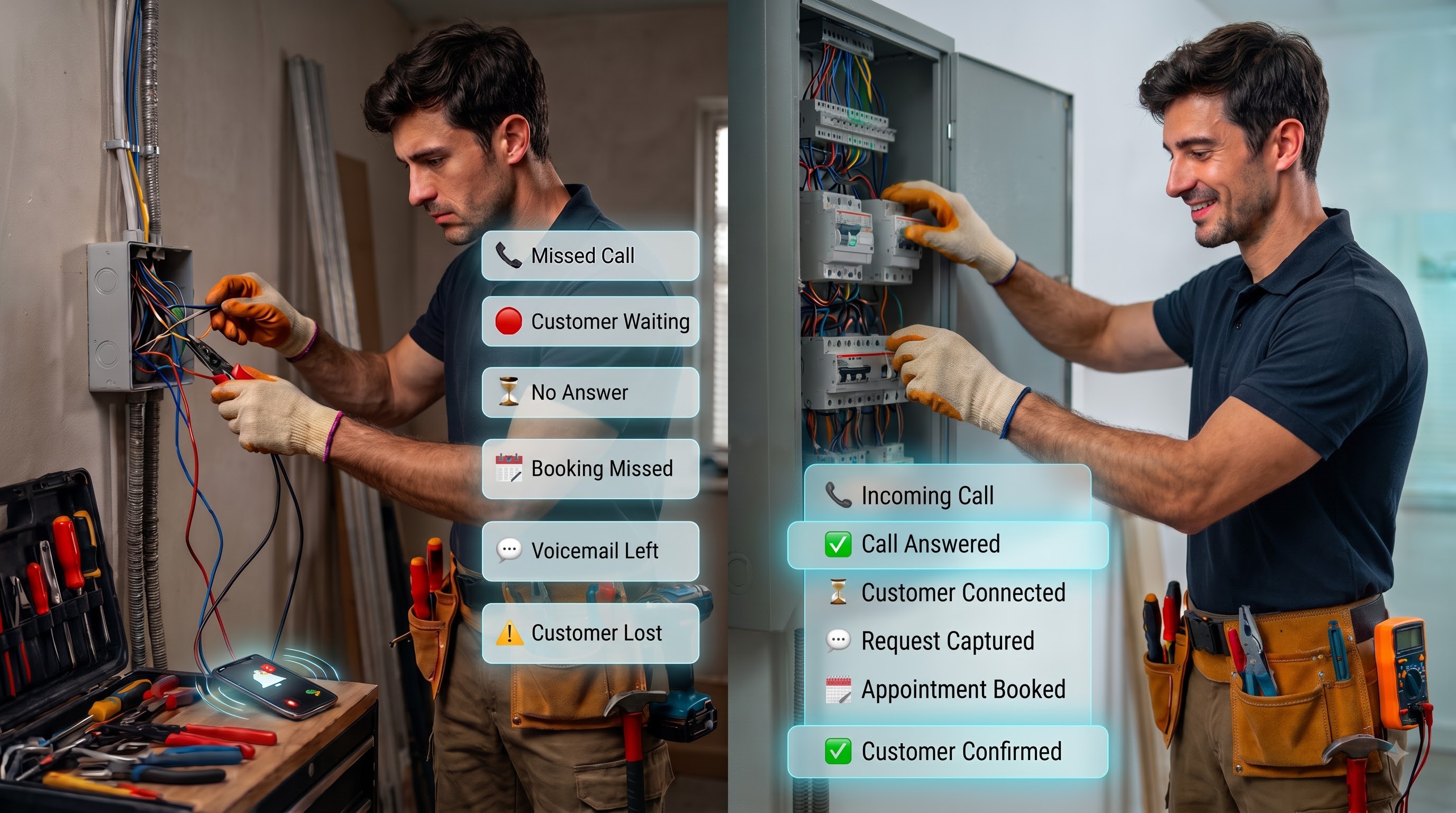 An electrician missing calls while wiring, then the same electrician while the AI receptionist answers and books the job