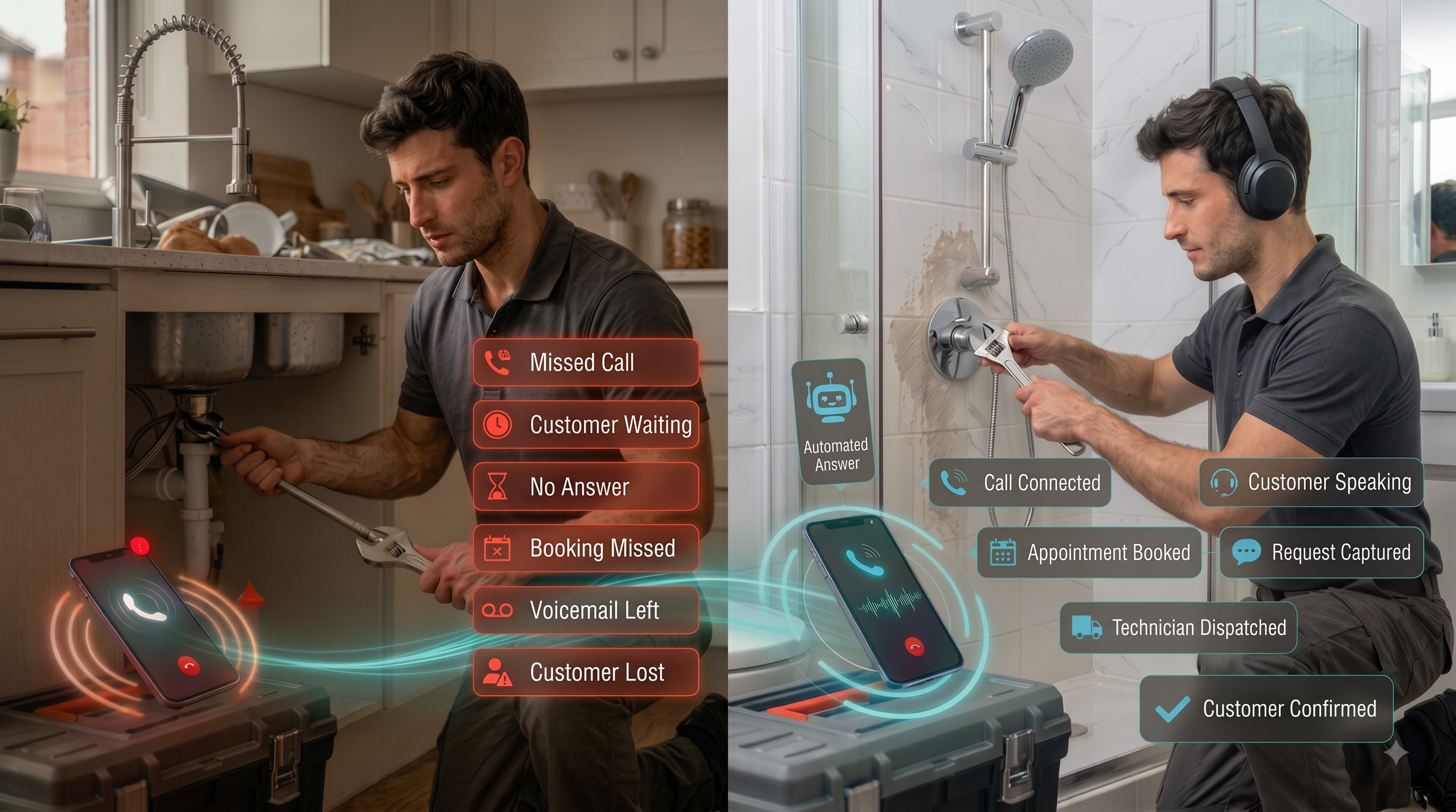 A plumber missing calls under a sink, then the same plumber while the AI receptionist answers and books the job