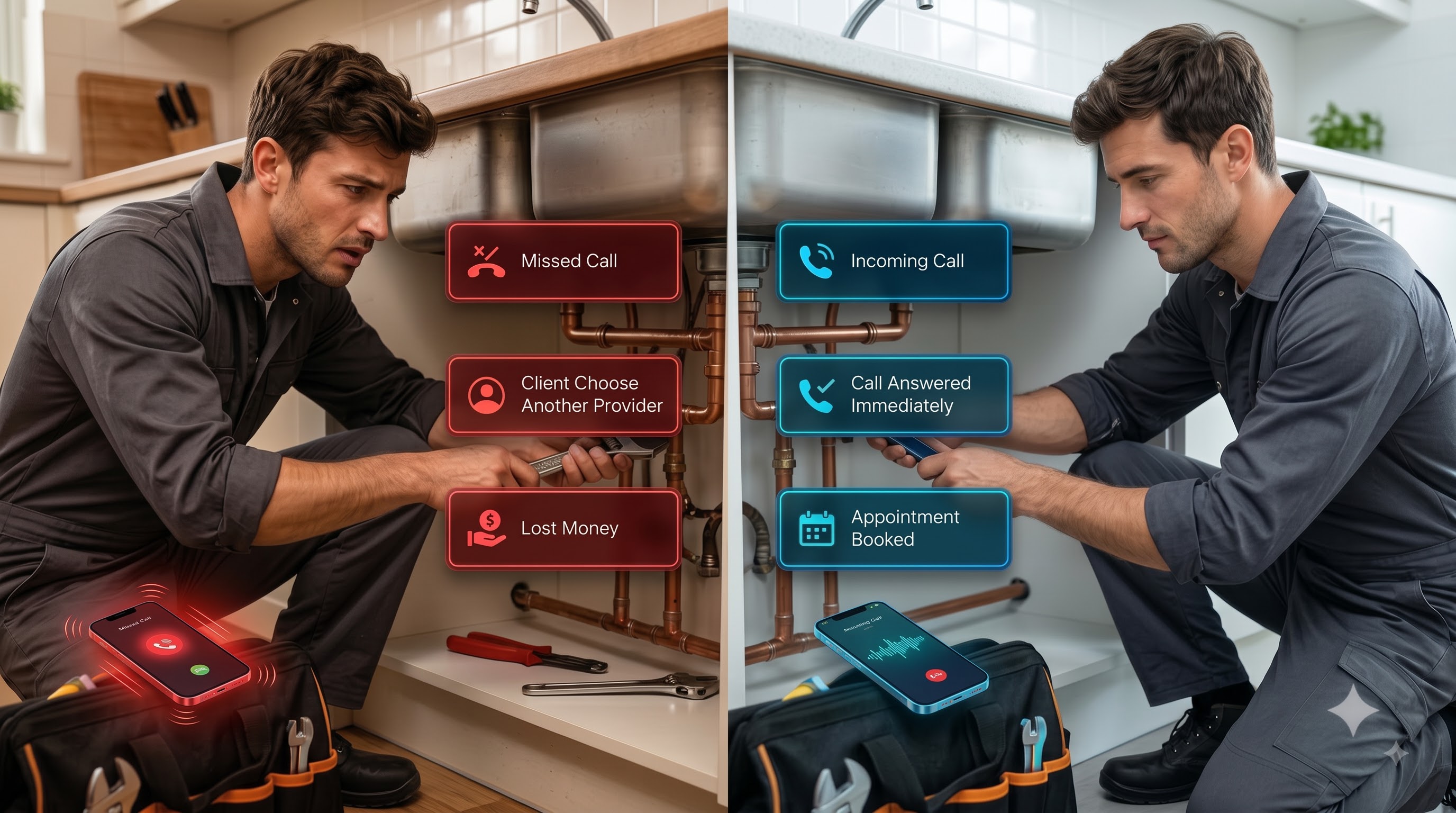 A plumber missing calls under a sink, then the same plumber while the AI receptionist answers and books the job